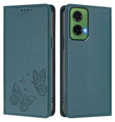 Produktbild von Lederhülle für Motorola Moto G35, Schmetterling Prägung Leder Brieftasche Schutzhülle mit Ständer Grün