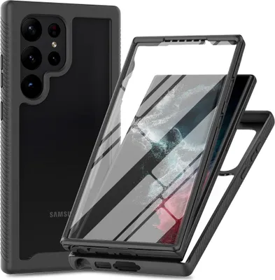 A black phone case is shown, with a transparent screen protector detached.