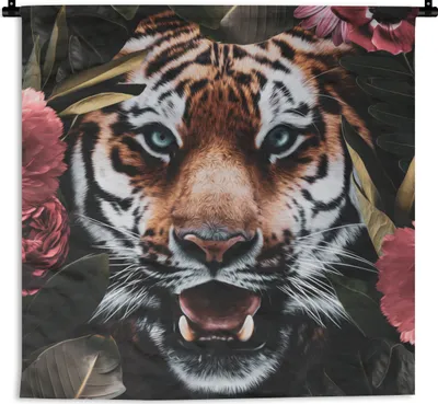 Produktbild von MuchoWow® Wandteppich Wandbehang Tiger - Blumen - Dschungel 150x150 cm Tapisserie Dekoration Wandtuch - Wohnaccessoires - Modernes