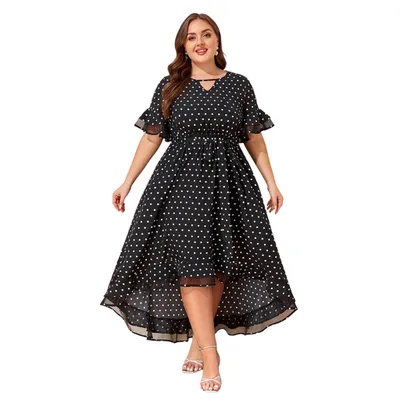 Productafbeelding van Plus-size damesjurk met stippen, lange mouwen, A-lijn en zakken, geschikt voor de zomer