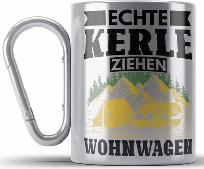 Produktbild von Trendation - Echte Kerle Ziehen Wohnwagen Wohnmobil Edelstahl Tasse Karabiner Geschenk Camper Wohnmobilfahrer Geschenkidee Lustig (Silber)