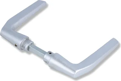 A silver-colored door handle set is shown against a white background.