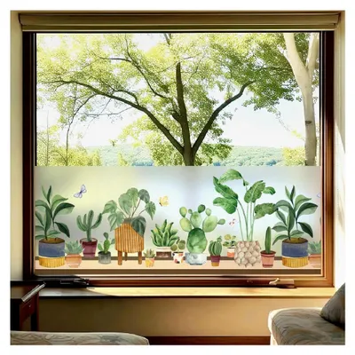 Produktbild von Fensterfolie Sichtschutzfolie Milchglasfolie mit Topfpflanzenmuster statisch haftend ohne Klebstoff wiederverwendbar 44,5x200cm