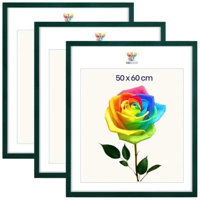 Produktbild von MG Design 3er Set Bilderrahmen 50 x 60 cm - Posterrahmen mit Grün Echtholzrahmen und bruchsicherem Acrylglas, Hoch & Quer mit stabiler Wandaufhängung