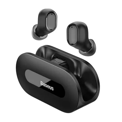 A pair of black wireless earbuds and their charging case are displayed against a white background.