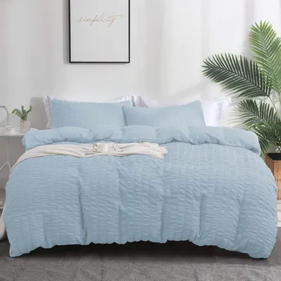Produktbild von Bettwäsche Set Seersucker Blau 155x220cm 2x 80x80cm Atmungsaktiv Kühlend Mikrofaser mit Reißverschluss