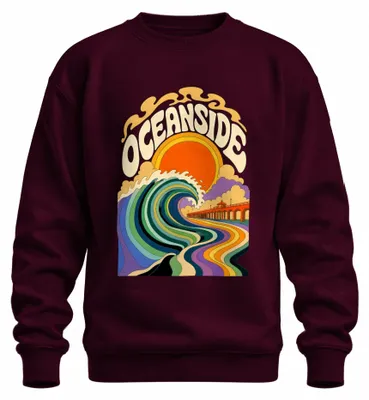 Immagine prodotto di Felpa con cappuccio, stile retrò, con immagine di onde, spiaggia al tramonto e molo, ideale per Oceanside, California. Colore: bordeaux. Taglia: XL