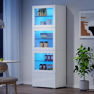 Obrázek produktu pro Úložná skříň – vysoký lesk, bílá barva – 60x40x173 cm – dveře z akrylu – LED osvětlení – vitrína do obývacího pokoje