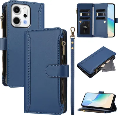Image de Etui pour Oppo Reno14, zippé, portefeuille Etui à rabat en cuirPolyuréthaneavec poches pour cartes, support et dragonne bleu