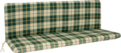 A plaid cushion for a three-seater garden bench.