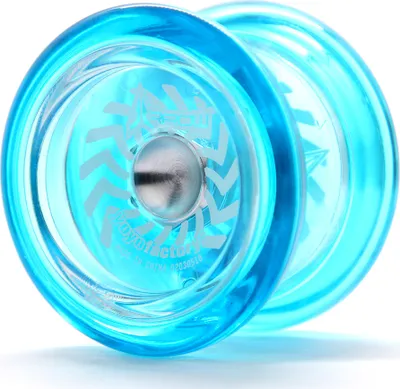 A close-up, studio shot of a blue yoyo against a white background.