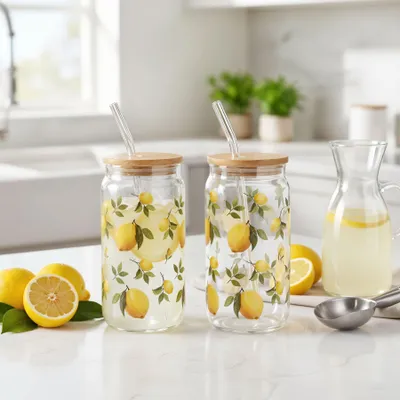 Produktbild von 2er Set Trinkglas 500ml Zitronen Strohhalm Bambusdeckel Trinkbecher Sommerglas