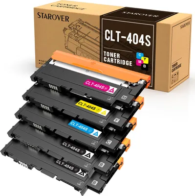 A stack of toner cartridges in front of their packaging box.