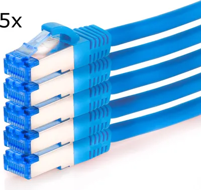 Produktbild von TPFNet 5er Pack 7,5m Cat.6A Patchkabel / Netzwerkkabel S/FTP 10GBit, blau