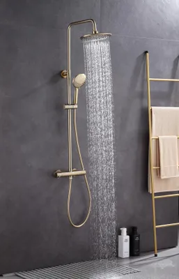 Obrázek produktu pro Kompletní sprchový set WEBO Euphoria | Mosazná termostatická baterie | Technologie Air-Flow & Clean | Zlatý kartáčovaný mat | Nastavitelná hlavice a sprchová hlavice