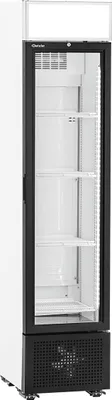 Produktbild von Bartscher Glastürenkühlschrank GTK1-123 mit beleuchtetem Werbedisplay für Selbstbedienungsbereich