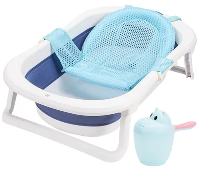 Obrázek produktu pro Skládací dětská vanička Peviasot, rozměry 83 × 46 cm, s lehátkem, kelímkem na šampon, teploměrem, vhodná pro děti od 0 do 12 měsíců, modrá barva