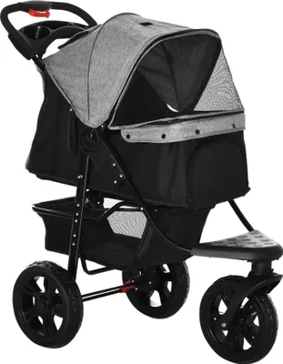 Produktbild von Klappbarer 3-Rad Hundewagen für Hunde & Katzen, Oxford Grau/Schwarz, 109,5x57,5x106,5 cm