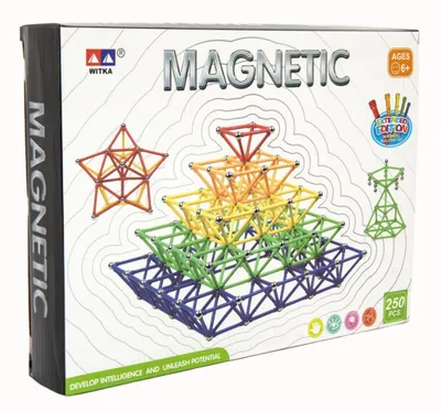 Produktbild von Magnetisches Baukasten-Set, 250 Teile, Kunststoff/Metall, in einer Schachtel mit den Maßen 31x23x5 cm