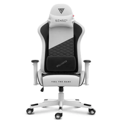 A white and black gaming chair is shown from the front on a white background.