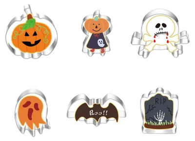 Image de Ensemble de moules à biscuits - 6 pièces en acier inoxydable - Pour réaliser des biscuits en forme de fantômes, de citrouilles et de chauves-souris - 6 pièces