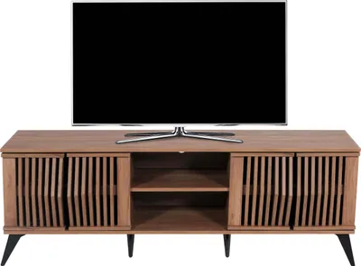 Zdjęcie produktu dla Szafka pod telewizor HWC-M45, stolik pod telewizor z niską szafką, przegródki 3D 55x166x41cm, brązowy