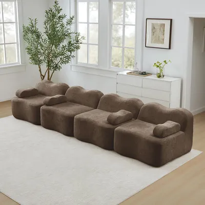 Produktbild von Modulares 4-Sitzer Boneless Sofa, Wellenform, 32D Hochdichtschaum, tiefe Sitzfläche, lose Armlehnenkissen, Couch für Wohnzimmer