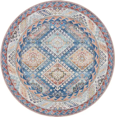 Produktbild von benuta Waschbarer Vintage Teppich George Blau ø 120 cm rund Wohnzimmerteppich Schlafzimmer weich orientalisch