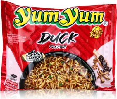 A package of Yum Yum instant noodles with duck flavor.