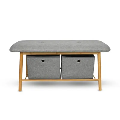 Produktbild von Bambus Schuhbank 90x34x45cm mit 2 Schubladen - Schuhregal für 6 bis 8 Schuhe - Sitzbank mit 2 Körben für Garderobe oder Flur