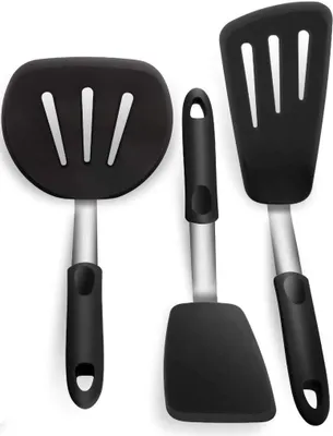 Produktbild von Pfannenwender Küchenwender Fischwender aus lebensmittelechtem Silikon und rostfreiem Edelstahl Robust und Spülmaschinenfest. 3er Set Schwarz
