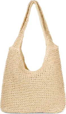 Produktbild von styleBREAKER Damen Papierstroh Beuteltasche mit langen Henkeln | sommerliche Flechttasche mit Reißverschluss | Strandtasche Schultertasche