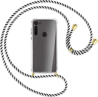 Produktbild von Handykette Backcover-Schutzhülle mit Band (Metall goldfarben) für Motorola Moto G8 - schwarz/weiß gestreift