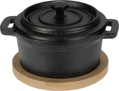 Produktbild von Excellent Houseware Tapas-Serviertopf, Gusseisen/Bambus, 10 x 7,5 cm, 270 ml, schwarz/braun