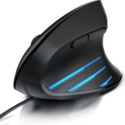 A black ergonomic mouse with blue LED accents is shown on a white background.