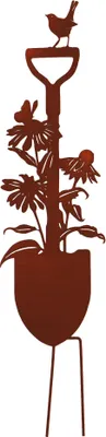 Produktbild von UNUS Gartendeko Gartenstecker in Rost Spaten mit Pflanzen und Vogel