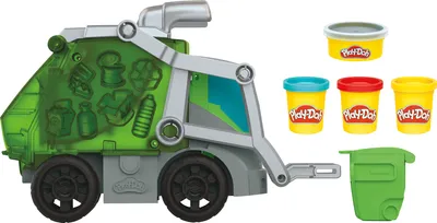 A Play-Doh Wheels garbage truck toy set with several containers of Play-Doh and a trash bin.