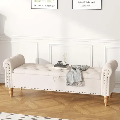 Obrázok produktu pre Sedacia lavica s úložným priestorom, 160 x 45 x 53 cm, béžová. Čalúnená lavica s nohami, vhodná do obývačky, spálne alebo chodby