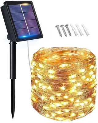 Imagen del producto de Guirnalda de luces solares para jardín, con 100 LEDs, luz blanca cálida, y 10 metros de longitud