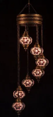Zdjęcie produktu dla 7-kulista turecka lampa wisząca z różowego szkła mozaikowego – orientalny żyrandol z 7 kulami ze szkła mozaikowego