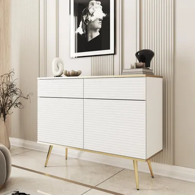 Produktbild von Kommode FORNO Weiß Rillenfront Glamour Art Deco 107cm goldene Füße