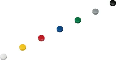 Produktbild von MAUL Magnet rund 10 Stück 0,15 kg Kunststoff Ferrit bruchsicher erodiert lackiert Ø 1.5 x 0.7 cm rot blau gelb grau grün schwarz weiß