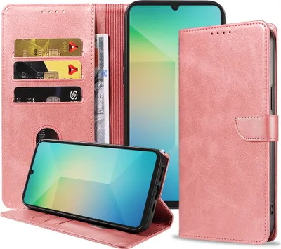 Produktbild von Passend für Samsung Galaxy A06 Handytasche Kunstleder mit magnetischer Lippe und Kartenhalter Buchhülle mit Klappe - Pink - Smartphonics