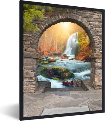 Produktbild von MuchoWow® Gerahmtes Poster Aussicht - Wasserfall - Herbst - Landschaft 60x80 cm - Poster mit Schwarzem Bilderrahmen Wandposter Rahmen Foto Bilder - Premium - Wanddeko Wohnzimmer