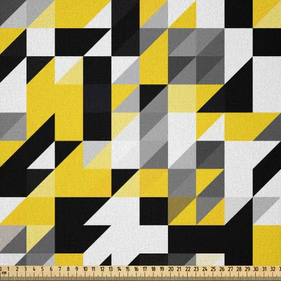 Produktbild von ABAKUHAUS Gelb und Weiß Microfaser Stoff als Meterware , Geometrisches Design mit Dreiecken und Houndstooh Inspiration, 1 M (230 x 100 cm), Gelb Grau Schwarz
