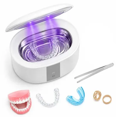Produktbild von Ultraschallreiniger für Zahnersatz, Retainer und Schmuck, kompakter Reinigungsbehälter mit 3 Zeitmodi 24 W Weiß