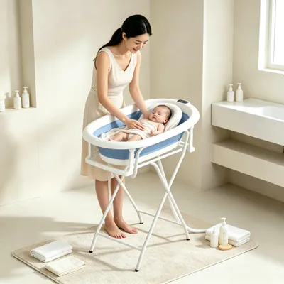 Produktbild von Babybadewanne mit Gestell,XL Baby Badewanne Faltbar mit Thermometer,Badesitz& Ablaufsystem,Babybadewanne Neugeborene,für Baby Geschenk 81x47x90cm