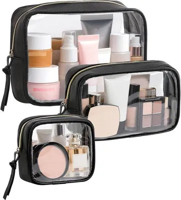 Image de Trousse de voyage 3 pièces, transparente, trousse de rangement pour produits de beauté, Ritspouch, noir