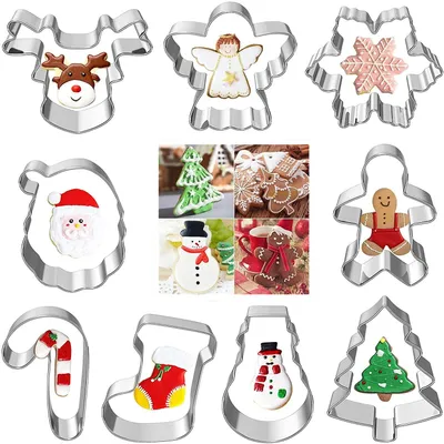 Produktbild von 9-teiliges Ausstechformen-Set, Weihnachtsplätzchenausstecher, Stempelformen aus Edelstahl für Kinder, Kekse, Plätzchen und Kuchendekorationen
