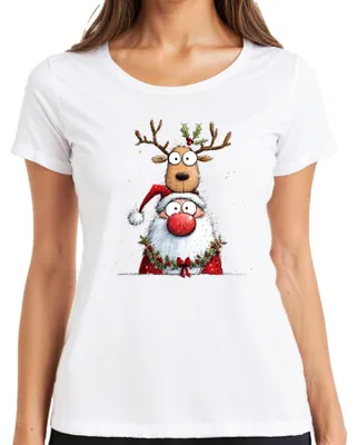 Produktbild von Weihnachtsmann Rentier Cartoon lustig Weihnachten Geschenk Kinder Damen T-Shirt, Weiß, S